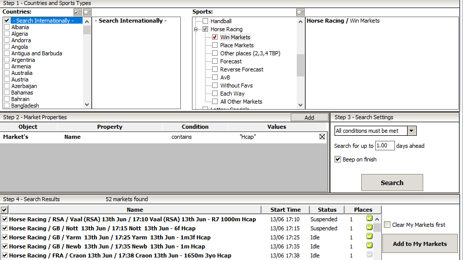 Search for handicap horse racing markets