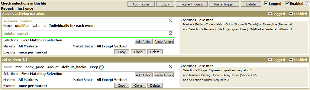 Check markets with selections in the file