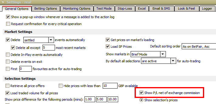 Show P/L net of commission